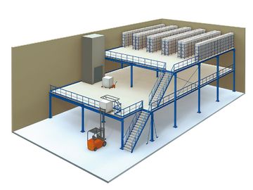 3개 수준 산업 메자닌 플로어, 파란/주황색 플래트홈 저장 체계